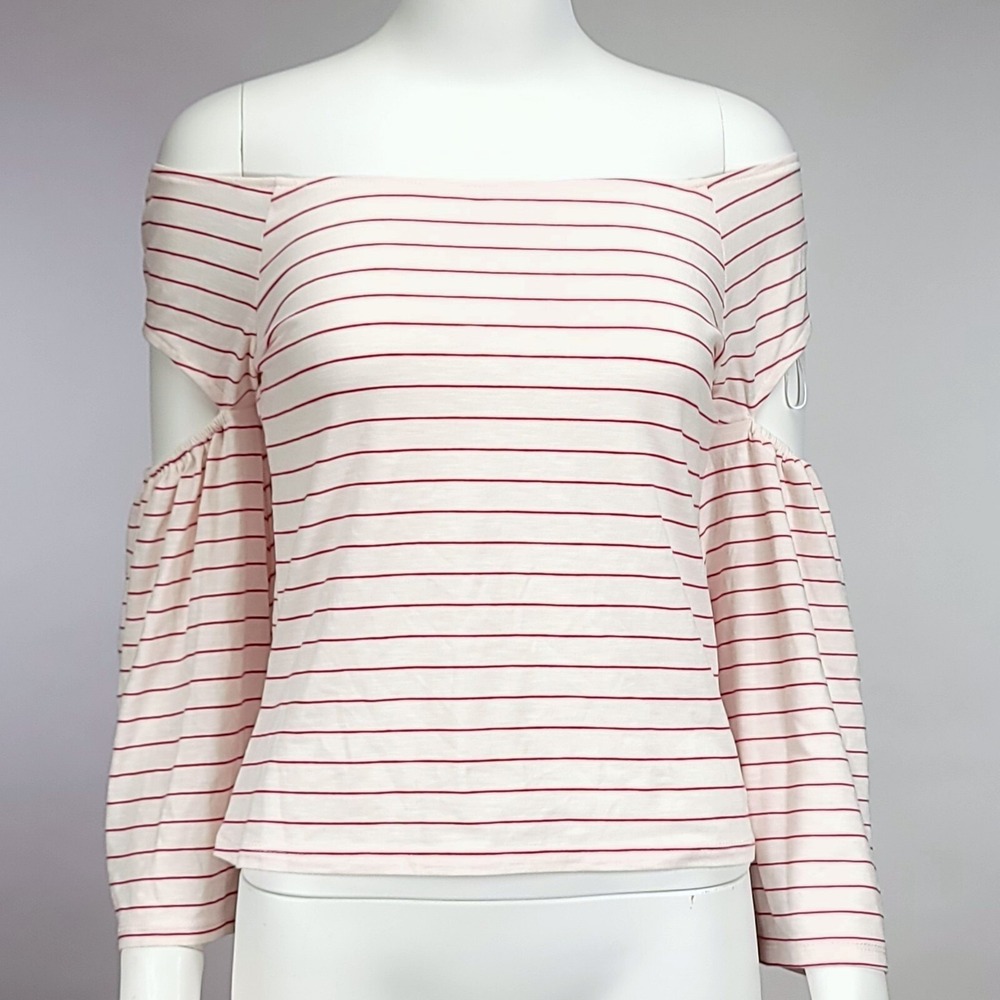 Coco Colette Womens Off Shoulder White Red Striped Bell Sleeve Top‎ Small
